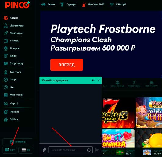 Онлайн чат в Pinco Casino